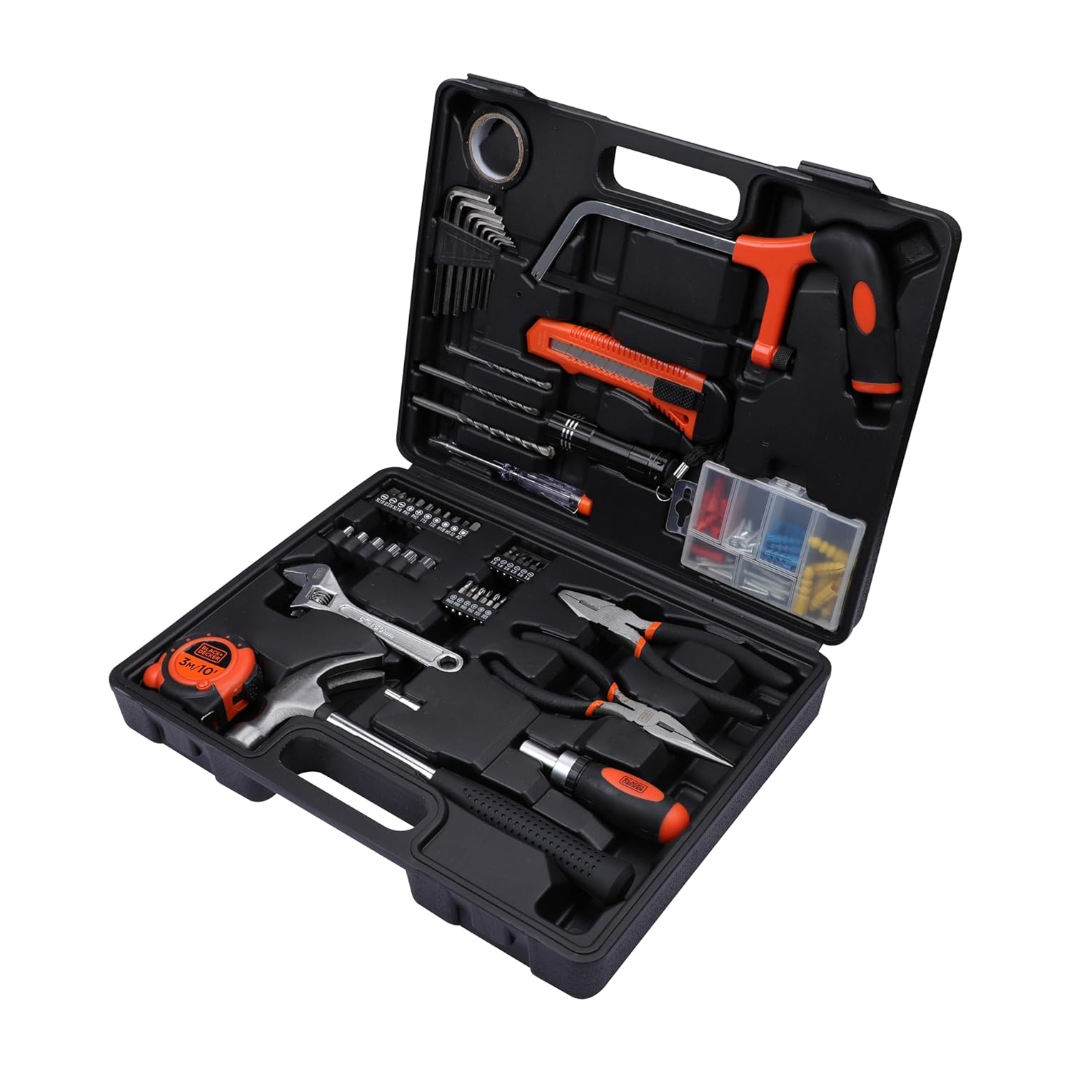 BLACK+DECKER BMT108C 108-Piece Home & DIY Hand Tool Kit – Includes Screwdriver, Wrench, Ratchet, Utility Knife, Saw, Claw Hammer, Measuring Tape, and Plier – 6-Month Warranty, Orange & Black.