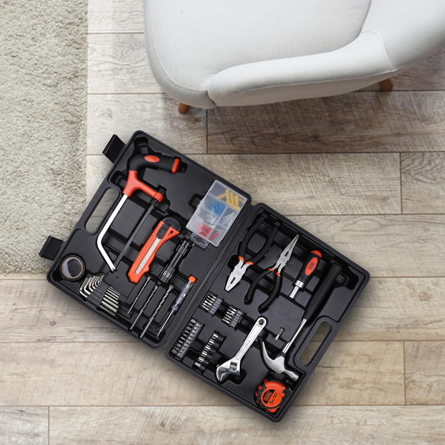 BLACK+DECKER BMT108C 108-Piece Home & DIY Hand Tool Kit – Includes Screwdriver, Wrench, Ratchet, Utility Knife, Saw, Claw Hammer, Measuring Tape, and Plier – 6-Month Warranty, Orange & Black.