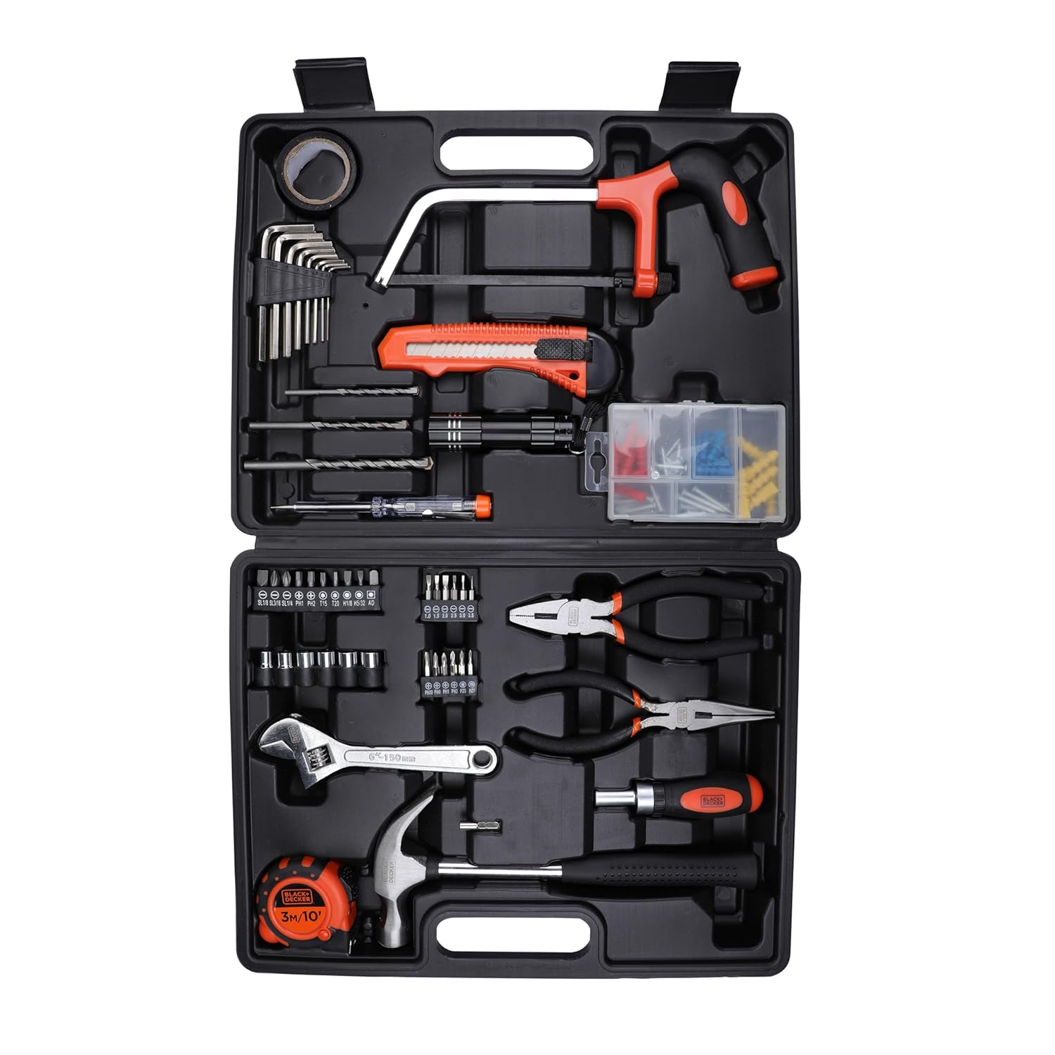 BLACK+DECKER BMT108C 108-Piece Home & DIY Hand Tool Kit – Includes Screwdriver, Wrench, Ratchet, Utility Knife, Saw, Claw Hammer, Measuring Tape, and Plier – 6-Month Warranty, Orange & Black.