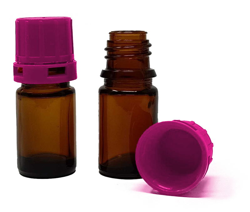 5 ml Amber Narrow Mouth Chemical Storage / Shipment Bottles with Tamper Evident 18mm Caps, Leak Proof, Smartottles®