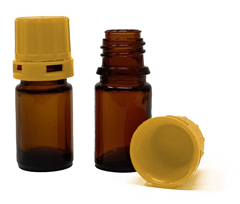 5 ml Amber Narrow Mouth Chemical Storage / Shipment Bottles with Tamper Evident 18mm Caps, Leak Proof, Smartottles®