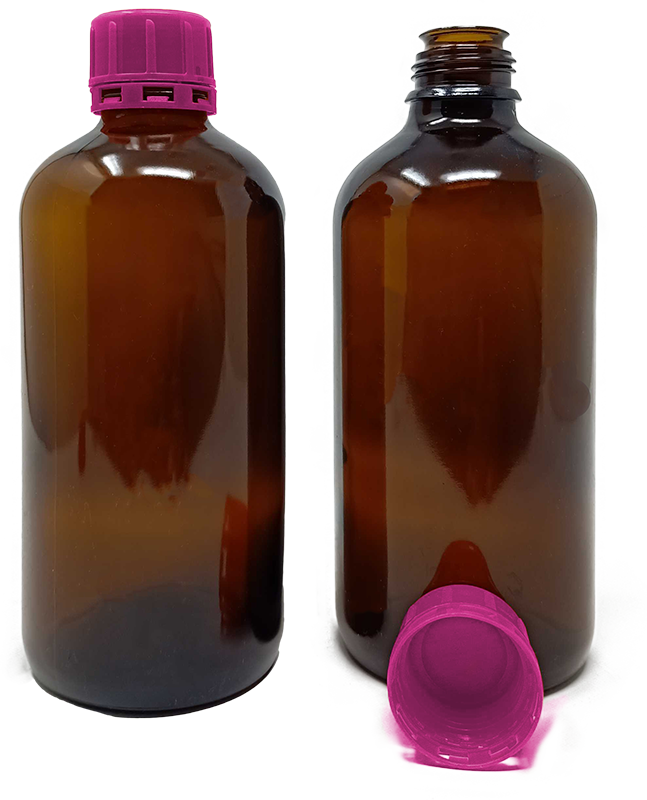 500 ml Amber 32mm Narrow Mouth Chemical Storage / Shipment Bottles with Tamper Evident Caps, Leak Proof, Smartottles®
