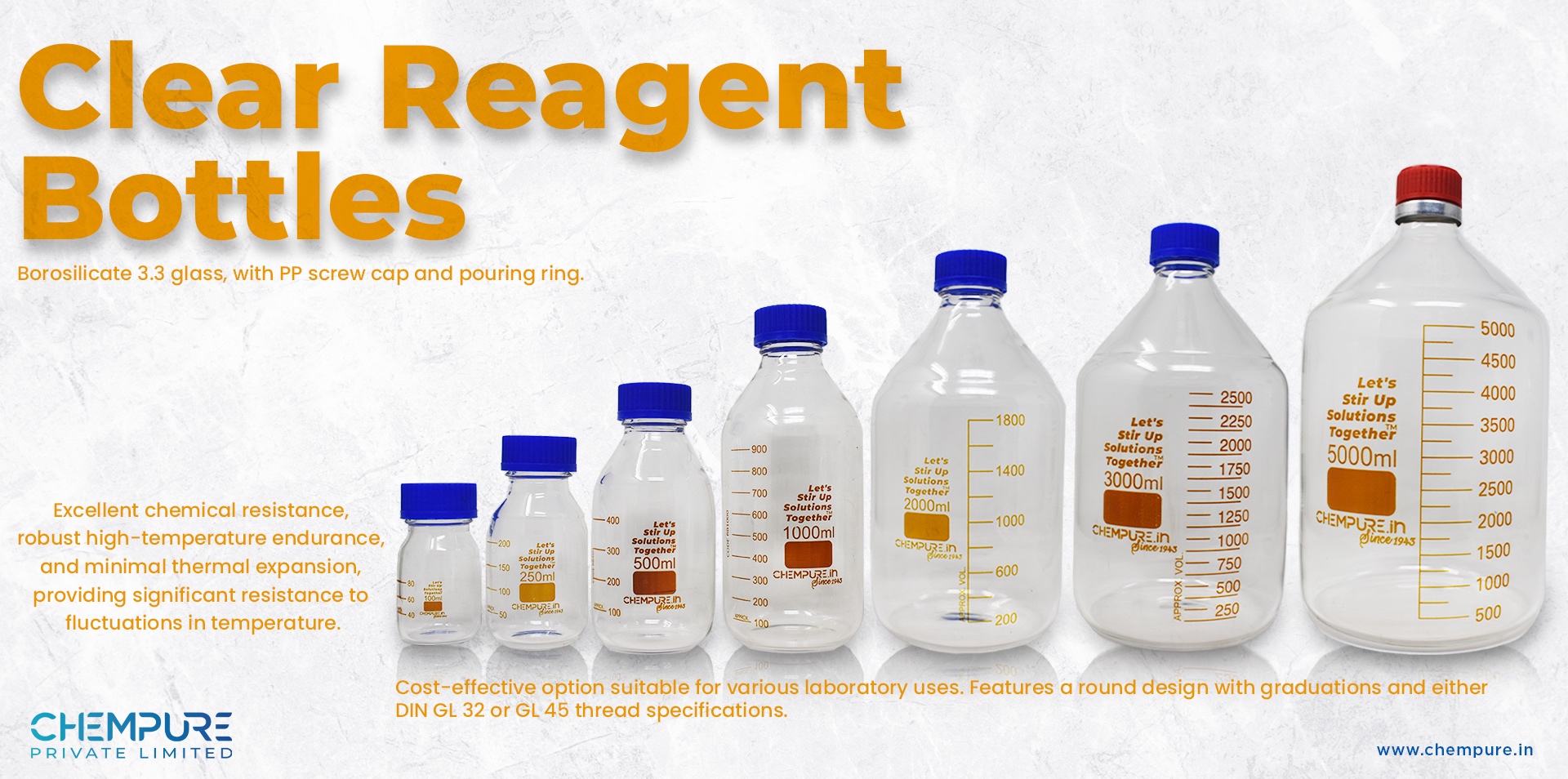 Laboratory Glass Reagent Bottle, Clear, Narrow Neck, with PP screw cap and pouring ring.