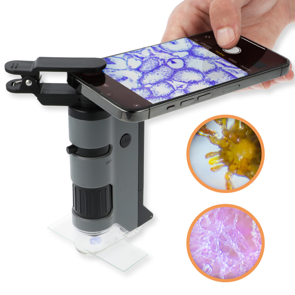 CARSON MicroFlip™ 100x-250x LED UV Pocket Microscope with Smartphone Clip MP-250