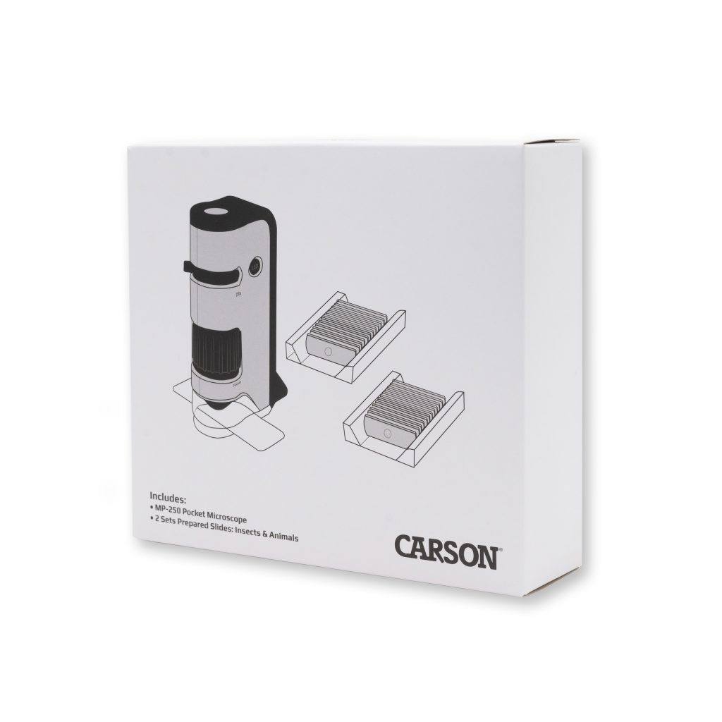 CARSON MicroFlip™ 00x-250x LED and UV Lighted Pocket Microscope with Flip Down Slide Base and Smartphone Digiscoping Clip Bundle Included with 24 Prepared Insect and Animal Slides MP-250BUN