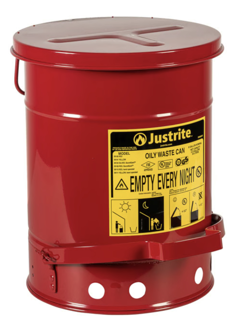Justrite Steel Oily Waste Can, Hands-Free, Self-Closing Cover, Red