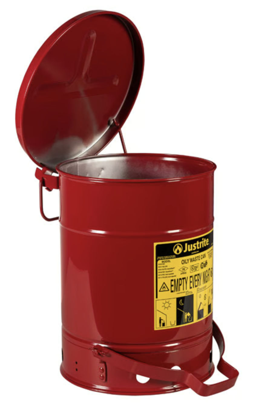 Justrite Steel Oily Waste Can, Hands-Free, Self-Closing Cover, Red