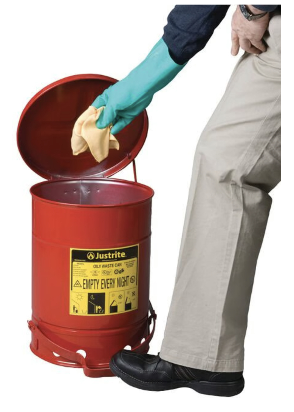 Justrite Steel Oily Waste Can, Hands-Free, Self-Closing Cover, Red