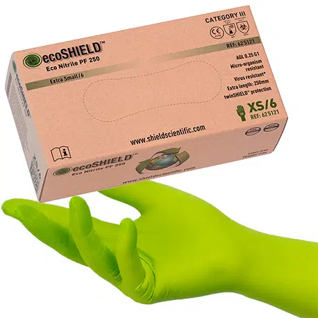 Eco Nitrile PF 250 Protective glove, laboratory glove - Category III PPE glove - Ambidextrous powder-free green/white nitrile glove - AQL 0.25 - extra length